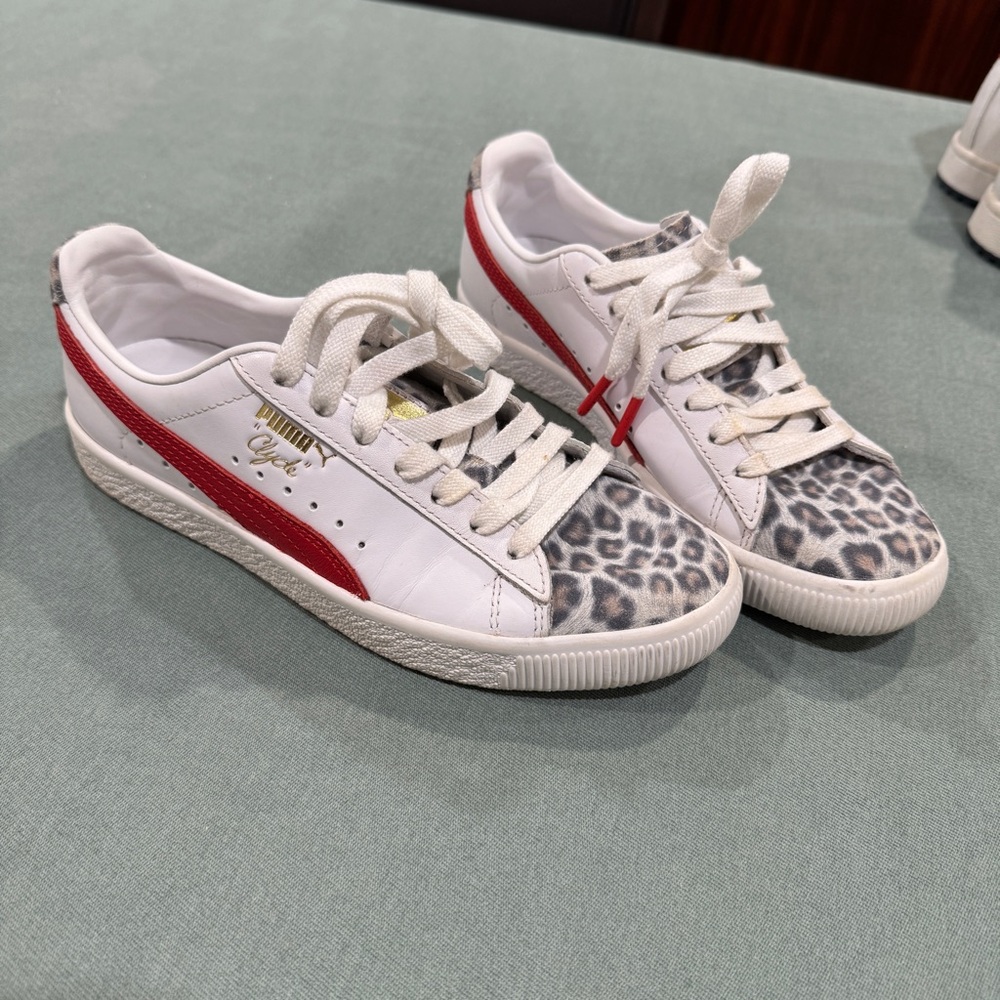 Puma Women's White and Red Sneakers with Leopard Accents